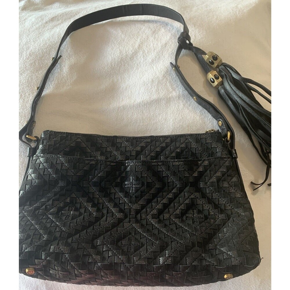 Vtg Eric Javitz NY Tote Designer Black Leather Woven Bag Adjustable Rock Fringe